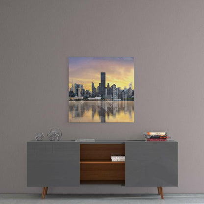 Golden Sunset Skyline Water Reflection Glass Wall Art