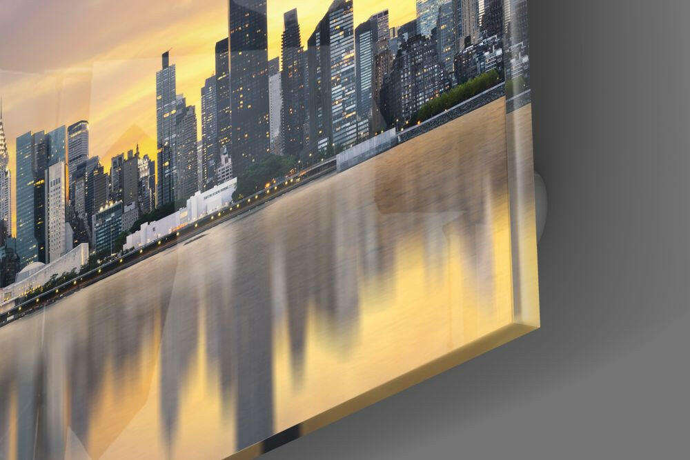 Golden Sunset Skyline Water Reflection Glass Wall Art