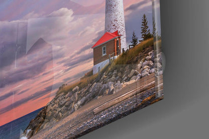 Pink Sunset Cliff Top Lighthouse Glass Wall Art