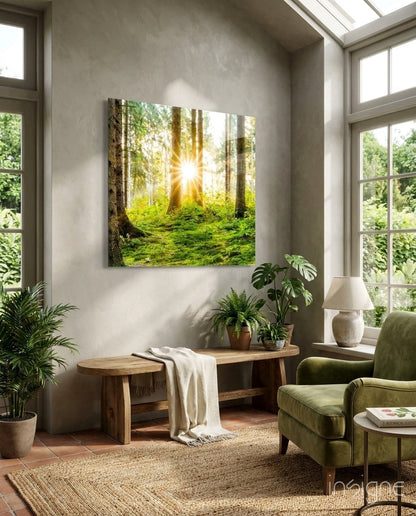 Sunburst Green Forest Moss Glass Wall Art