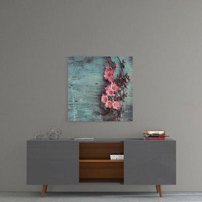 Pink Blossom Teal Wood Glass Wall Art