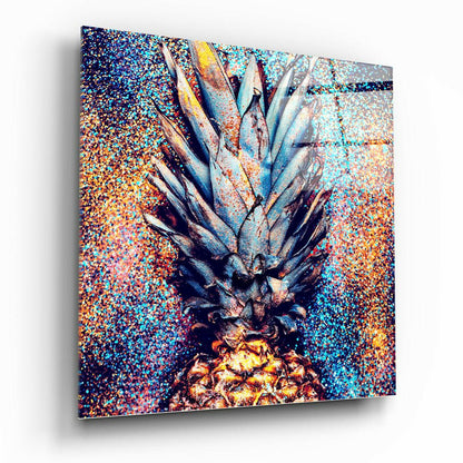 Glitter Splash Metallic Blue Pineapple Glass Wall Art