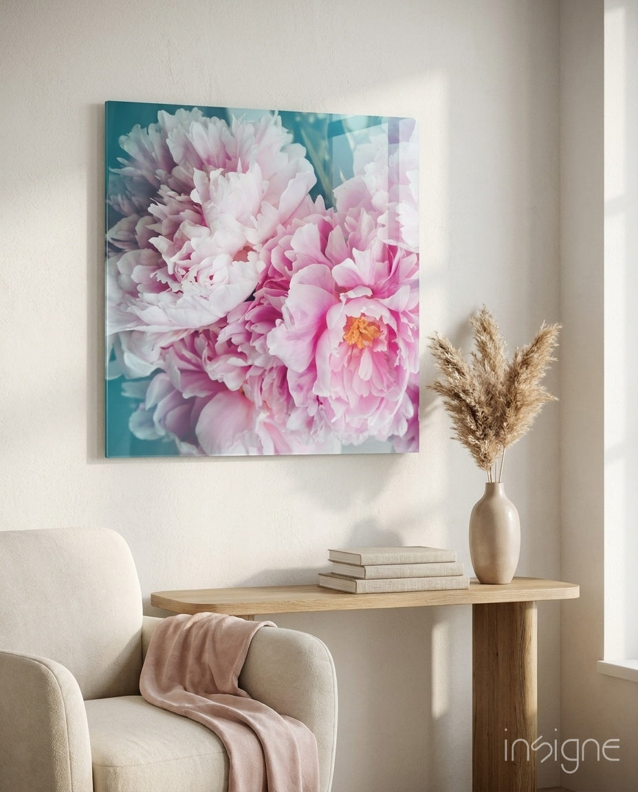 Blush Peony Teal Glass Wall Art