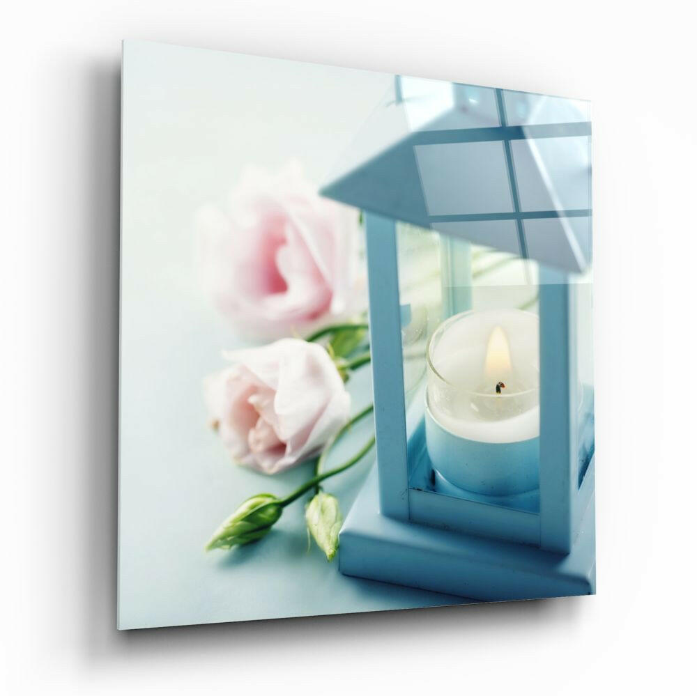 Blue Lantern With Pink Roses Glass Wall Art