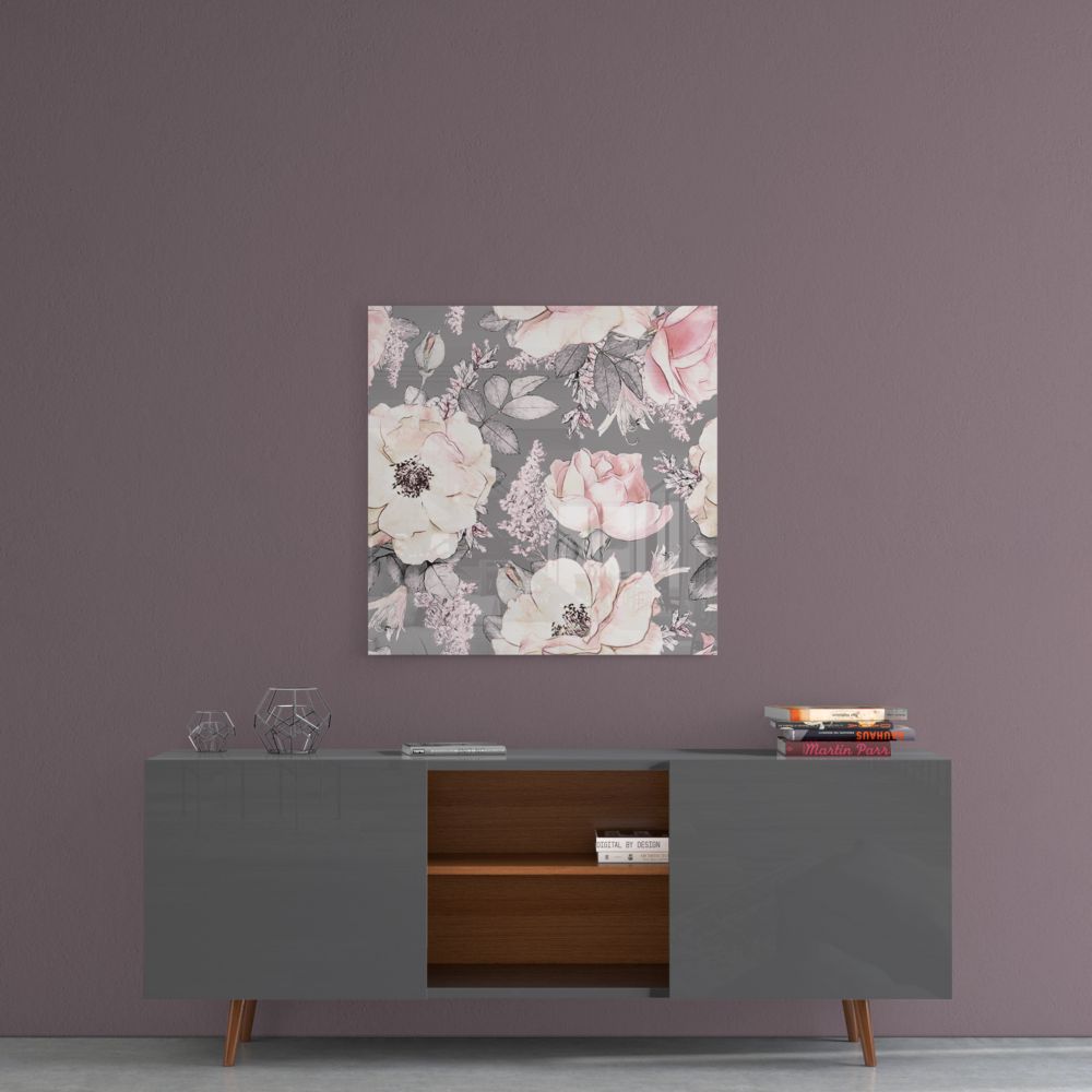 Blush Roses on Gray Flower Glass Wall Art