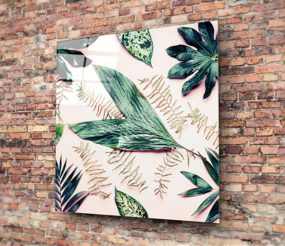 Green Fern Flat Lay Tropical Leaves Glass Wall Art