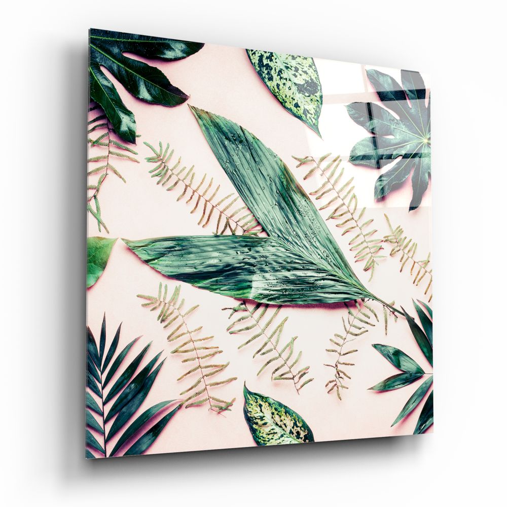 Green Fern Flat Lay Tropical Leaves Glass Wall Art