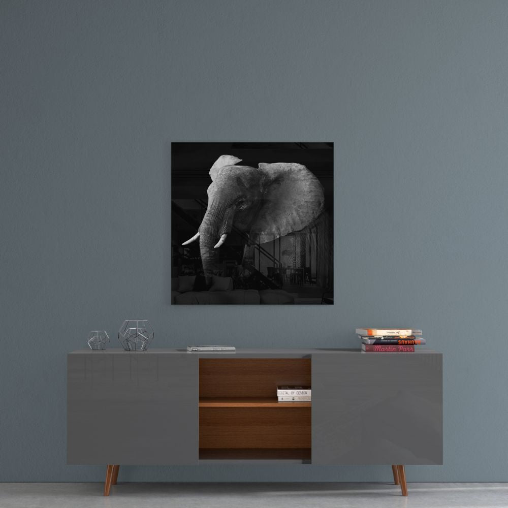 Moody Black and White Elephant Glass Wall Art