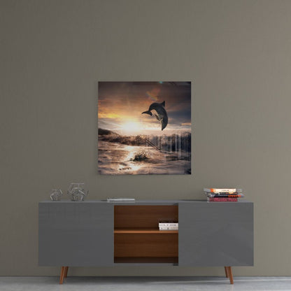 Dolphin Over Sepia Surf Square Glass Wall Art