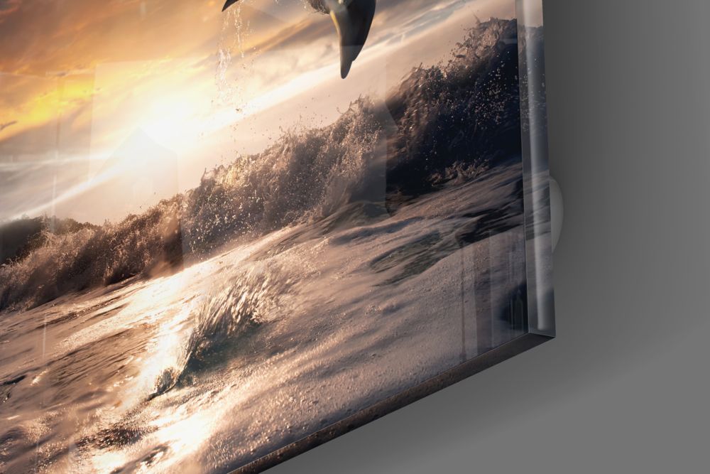 Dolphin Over Sepia Surf Square Glass Wall Art