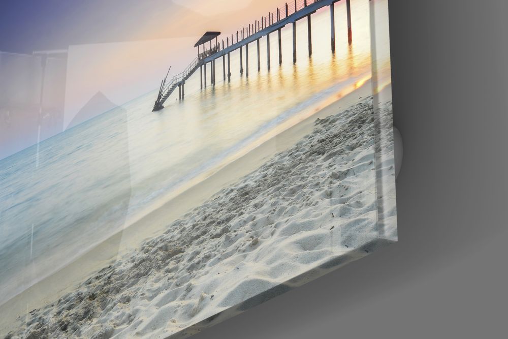 Colorful Sunset Beach Boardwalk Pier Glass Wall Art