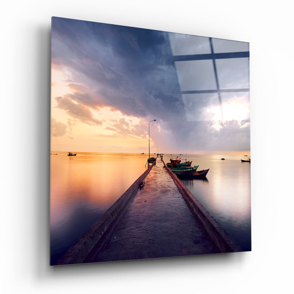 Sunset Jetty and Boats Dock Glass Wall Art