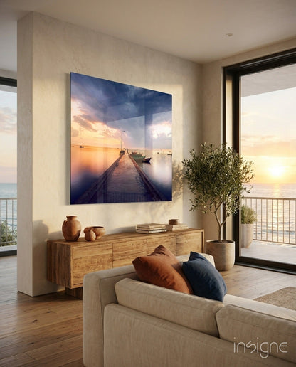 Sunset Jetty and Boats Dock Glass Wall Art