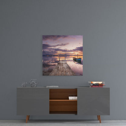 Purple Dusk Boat Dock Glass Wall Art