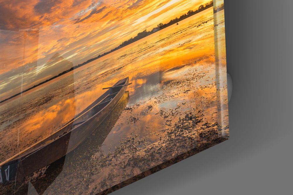 Blazing Sky Lakeside Boat Glass Wall Art