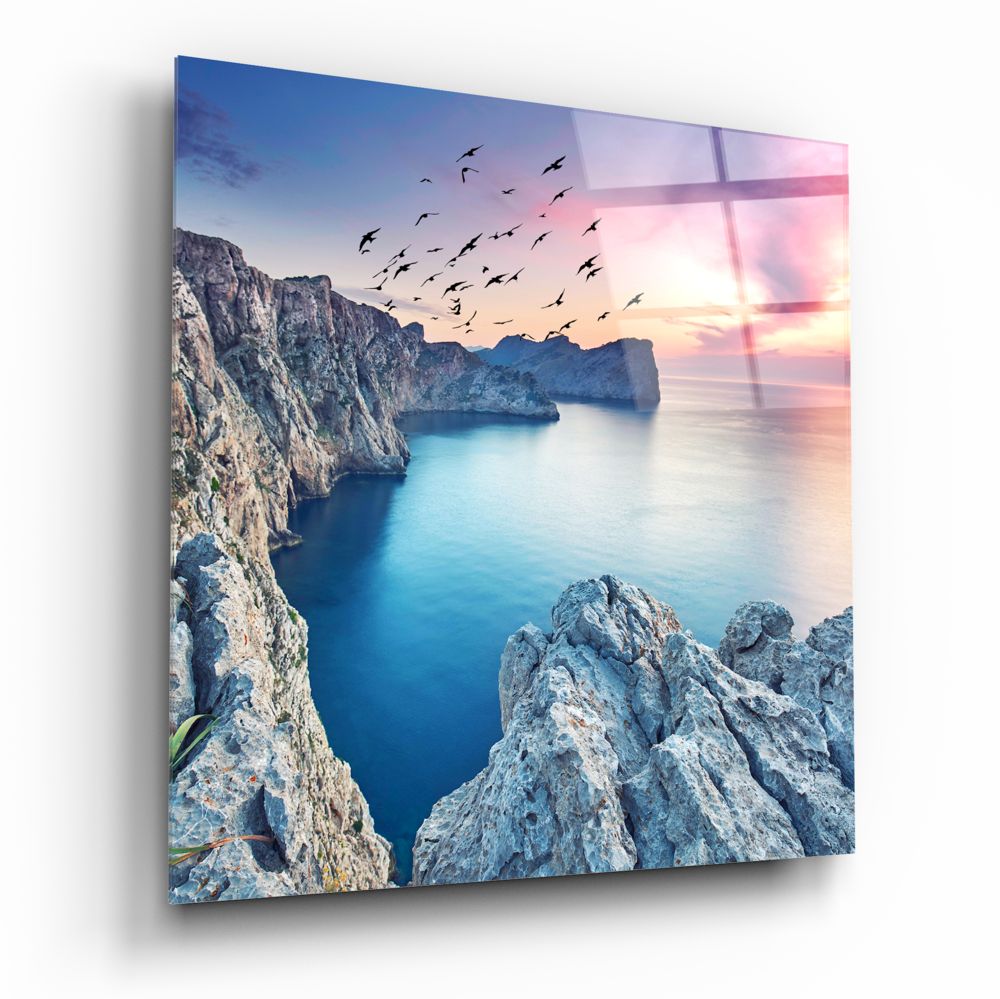 Rocky Cove Flying Birds Sunset Glass Wall Art