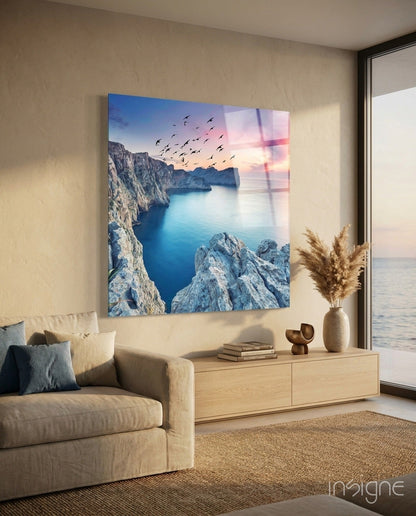 Rocky Cove Flying Birds Sunset Glass Wall Art