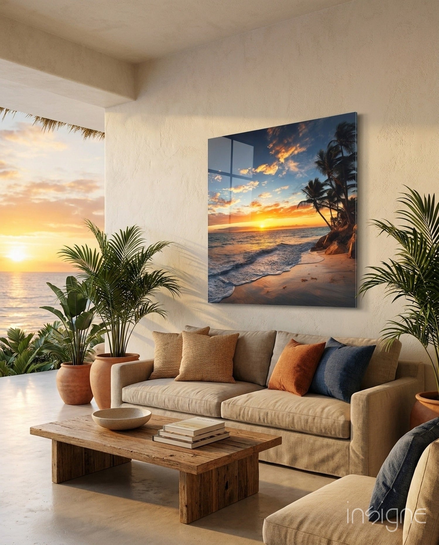 Orange Sunset Cove Palm Trees Glass Wall Art