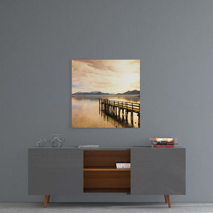 Golden Mountain Lake Dock Glass Wall Art