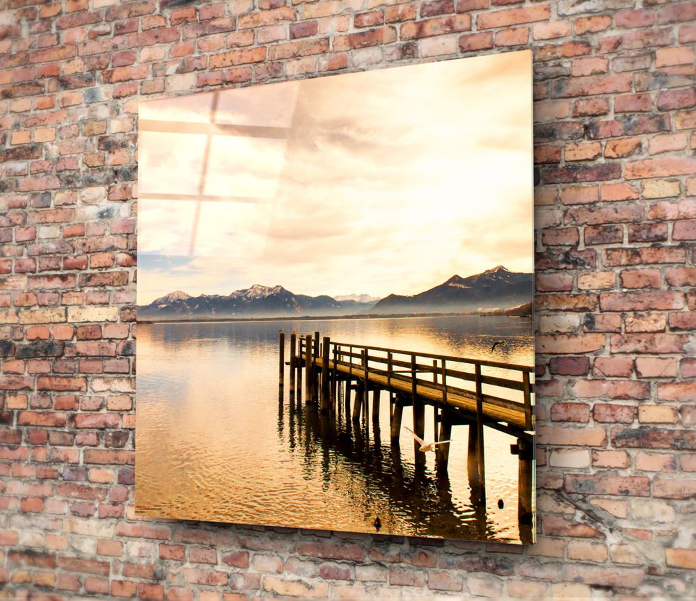 Golden Mountain Lake Dock Glass Wall Art