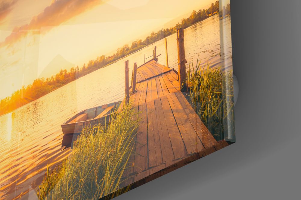 Rowboat and Reeds Dock Glass Wall Art