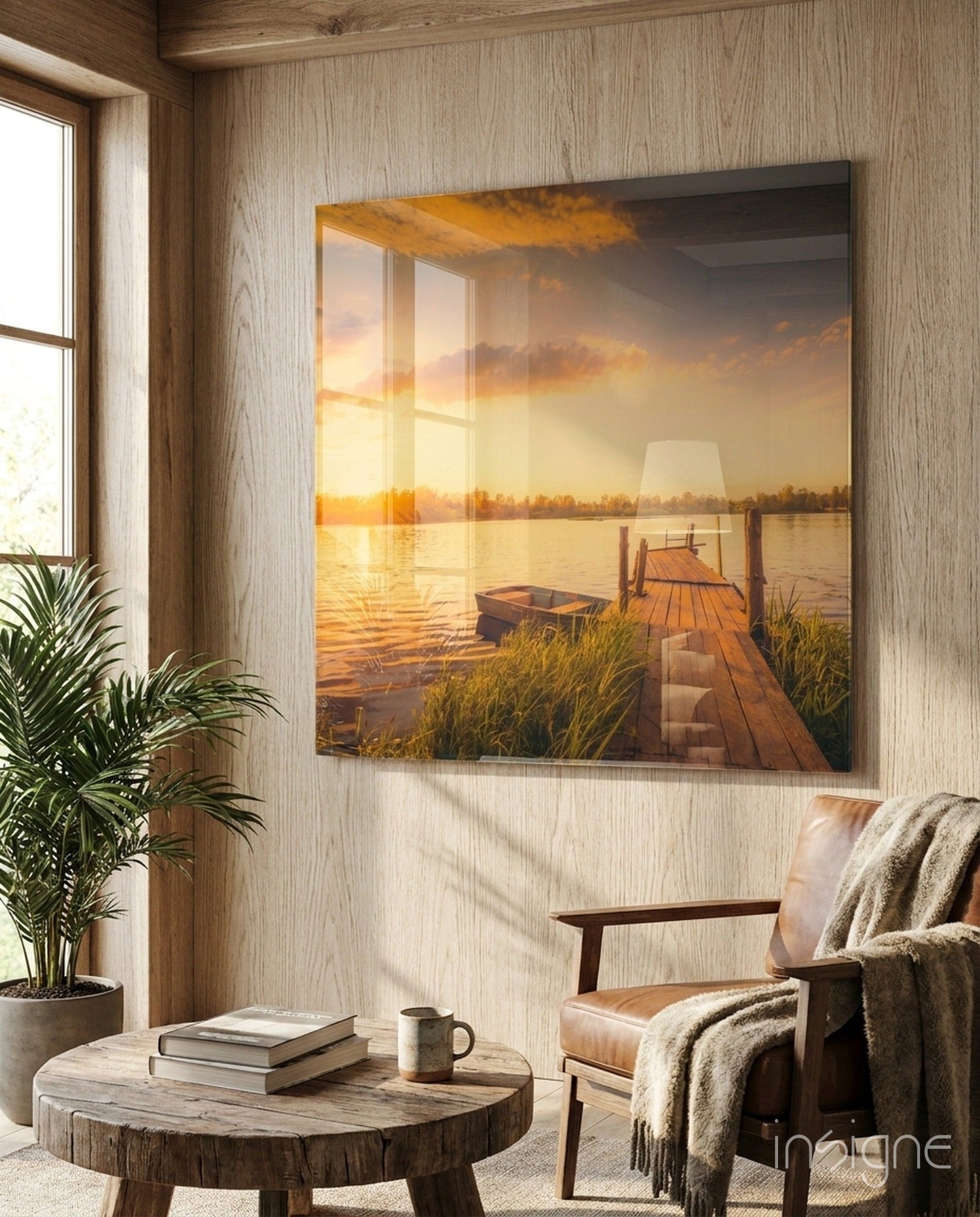 Rowboat and Reeds Dock Glass Wall Art