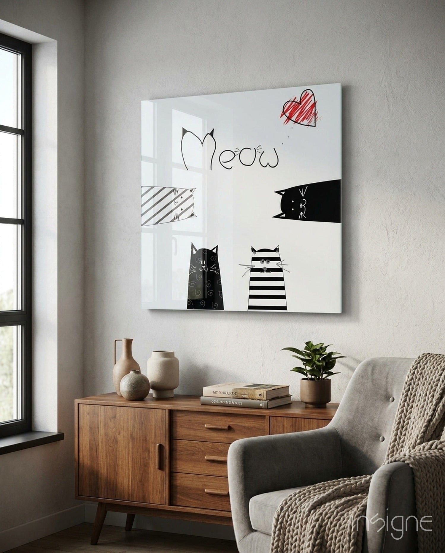 Red Heart Meow Peeking Cats Glass Wall Art
