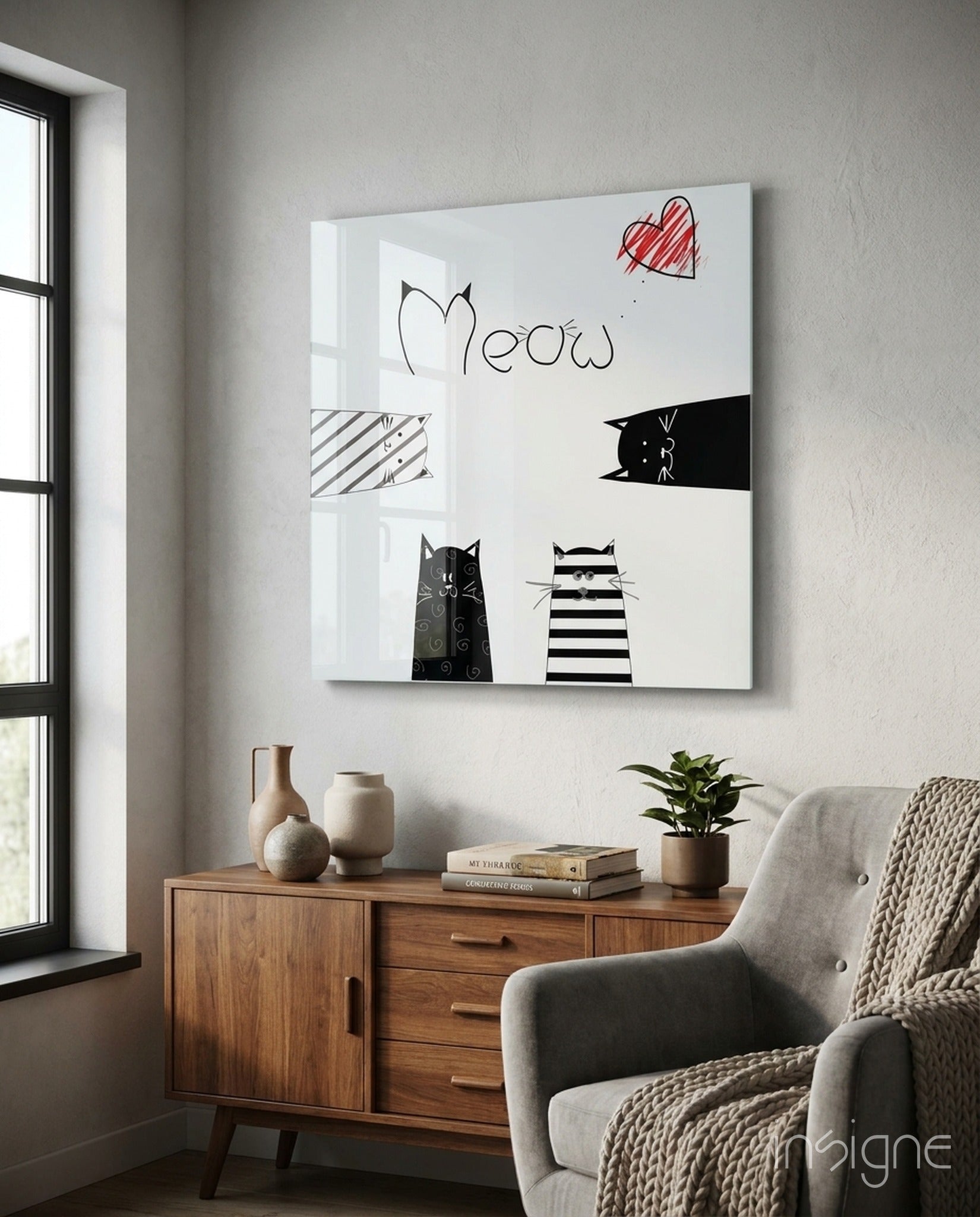Red Heart Meow Peeking Cats Glass Wall Art