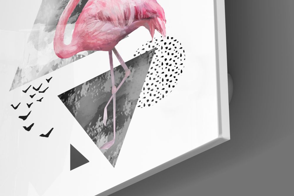 Pink Flamingo Geometric Shapes Glass Wall Art
