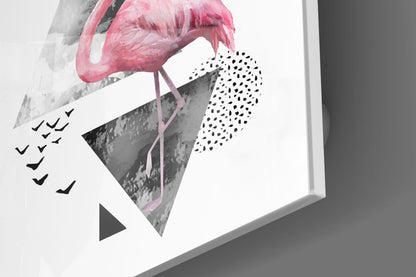 Pink Flamingo Geometric Shapes Glass Wall Art