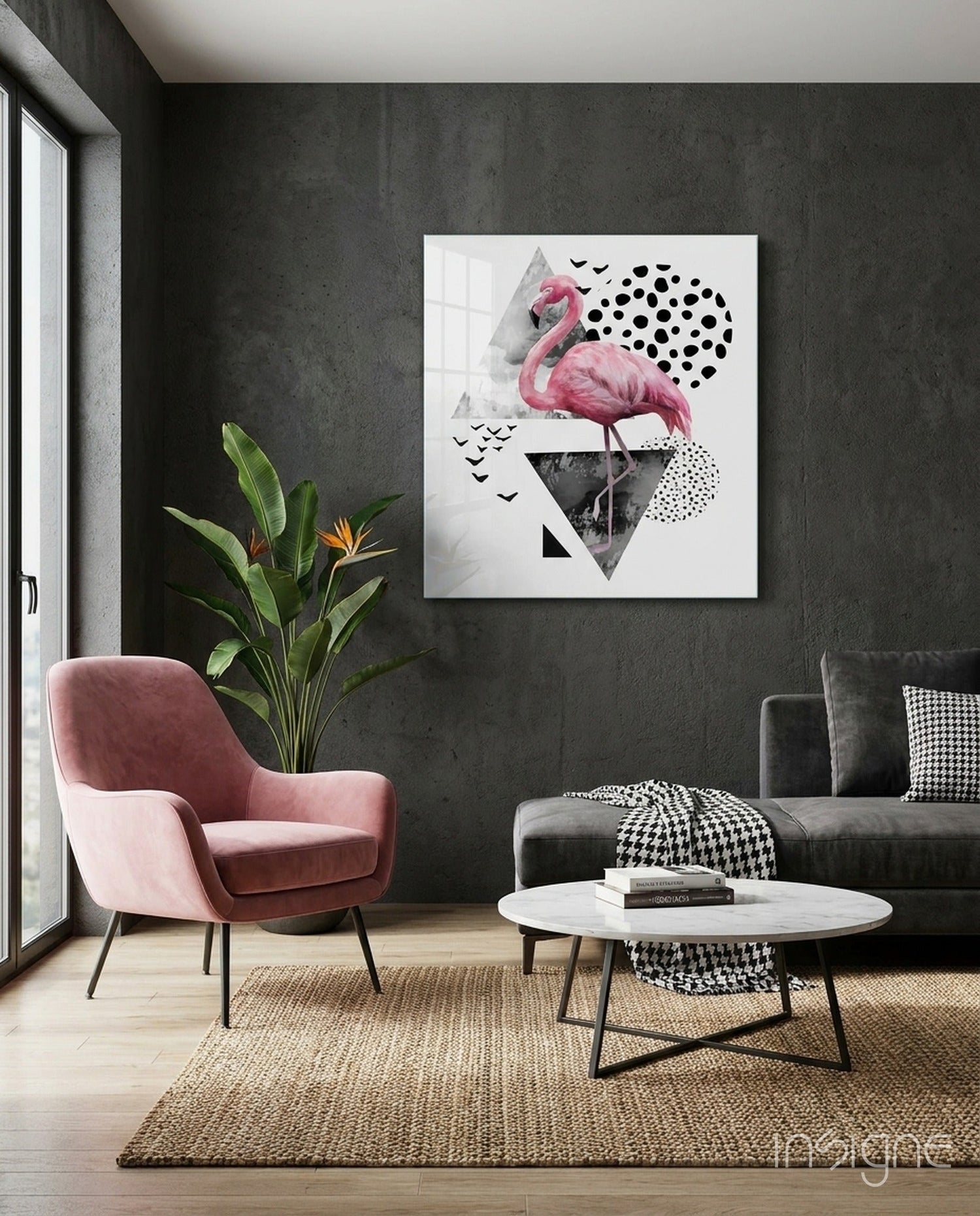 Pink Flamingo Geometric Shapes Glass Wall Art
