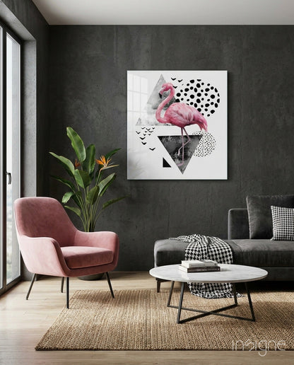 Pink Flamingo Geometric Shapes Glass Wall Art