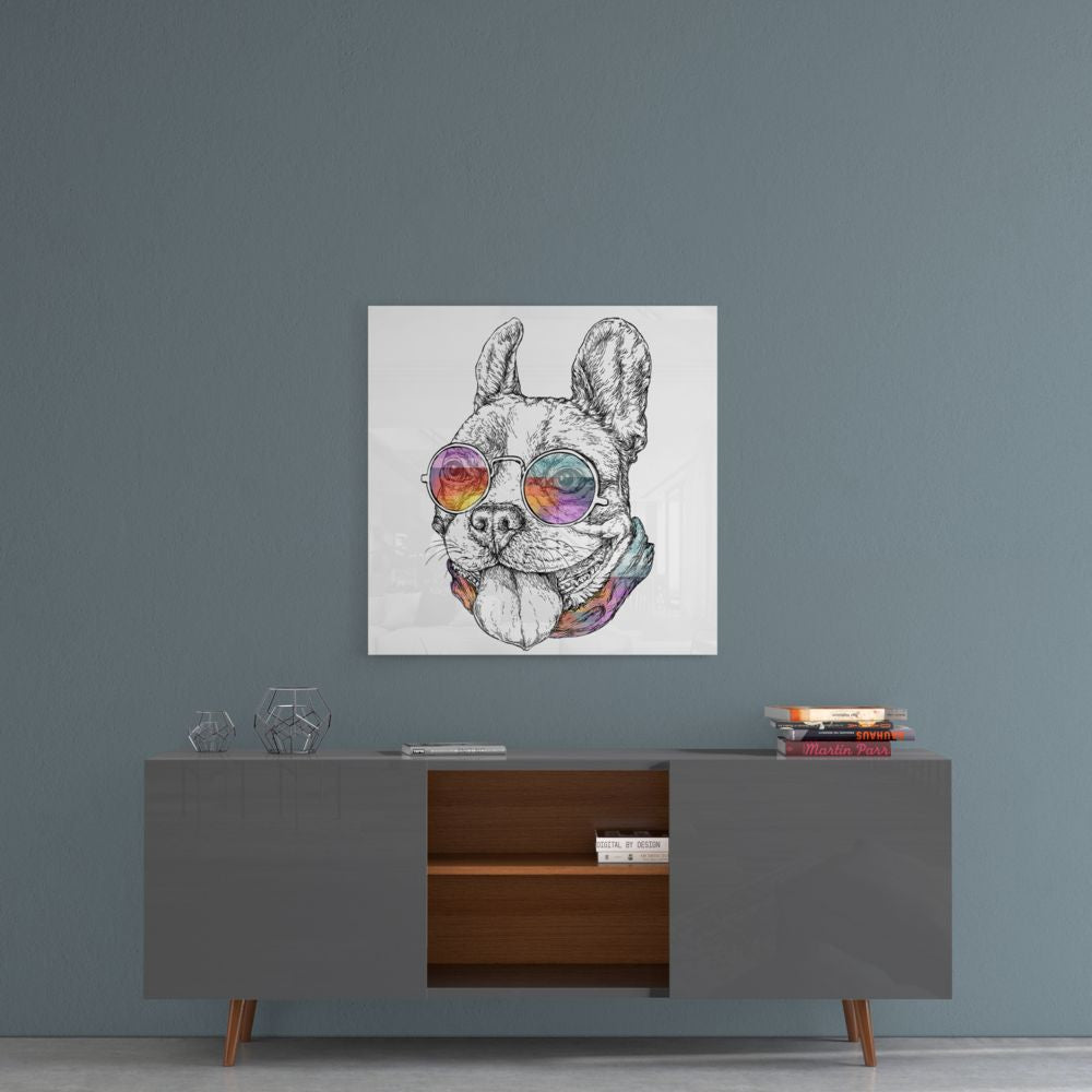 Rainbow Glasses Sketch Bulldog Glass Wall Art