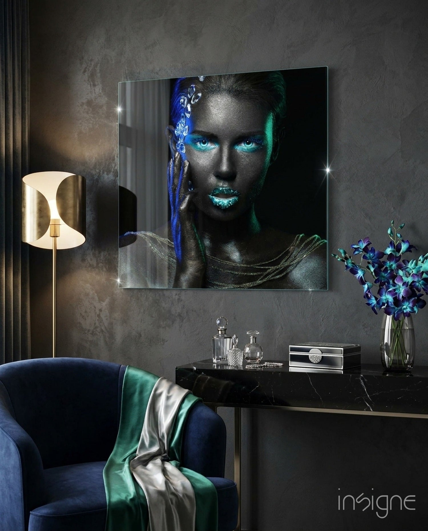 Turquoise Glow Blue Floral Woman Glass Wall Art