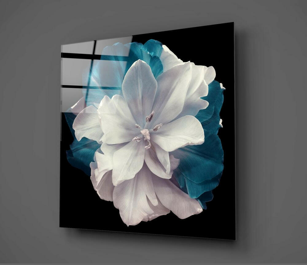 White And Teal Layered Tulip Floral Glass Wall Art