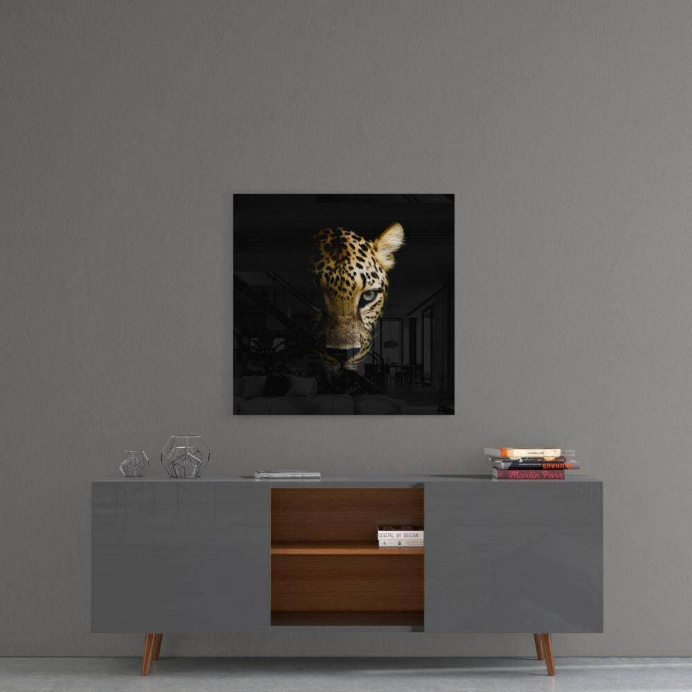 Shadowed Golden Leopard Glass Wall Art