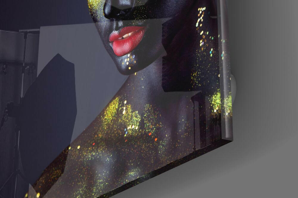 Gold Glitter Makeup Red Lips Glass Wall Art