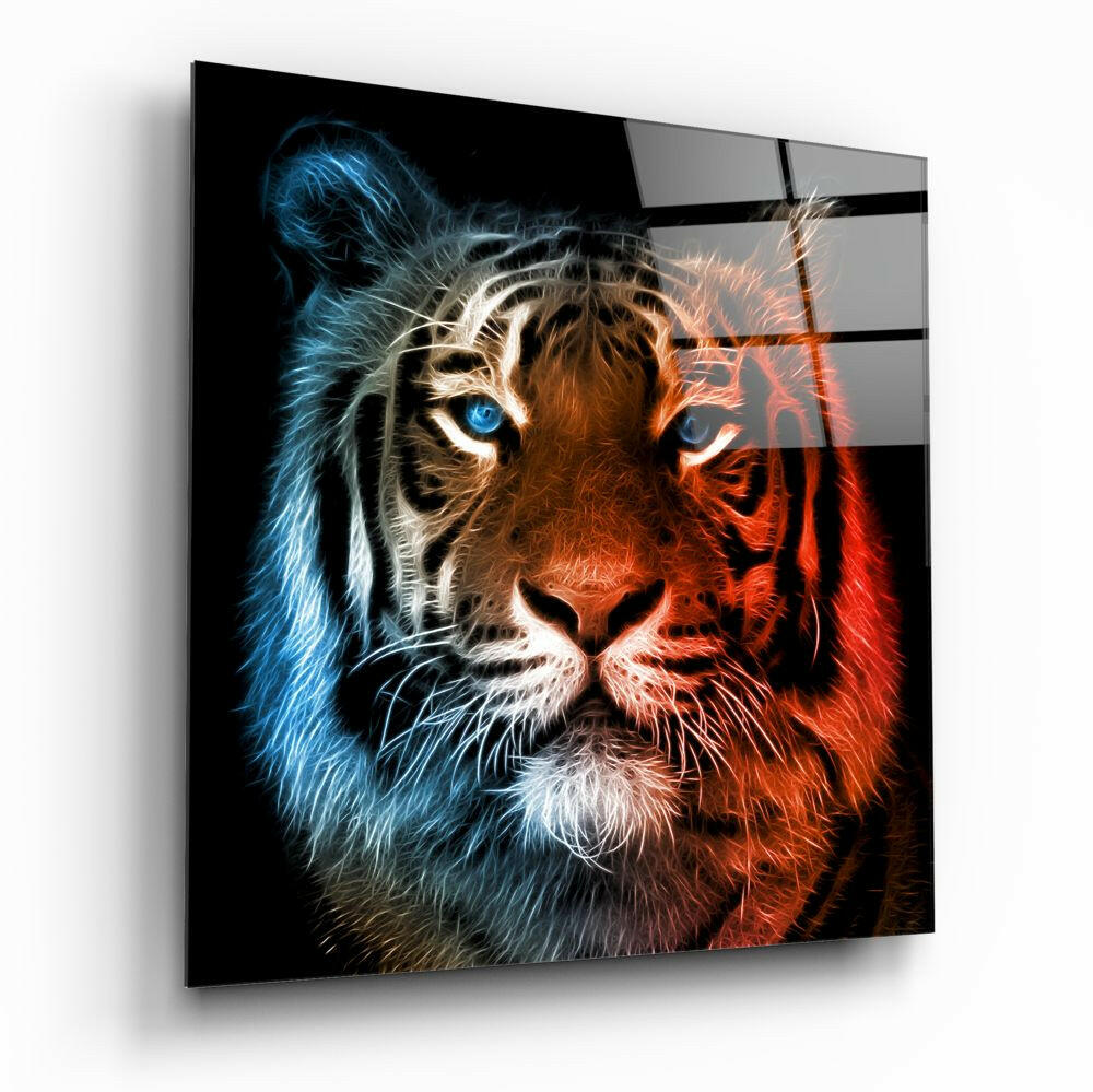 Neon Fractal Tiger Face Glass Wall Art