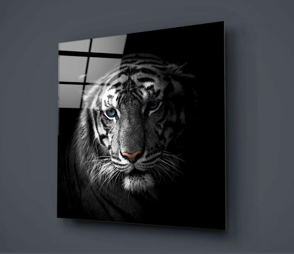 Blue Eyed Tiger Portrait Glass Wall Art