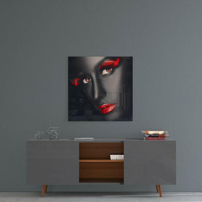 Red Lashes Dark Skin Woman Glass Wall Art