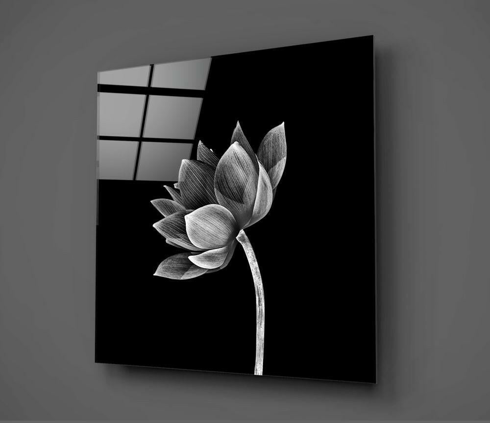 Black And White Tilted Lotus Floral Glass Wall Art