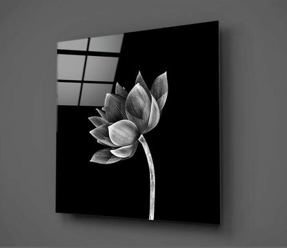 Black And White Tilted Lotus Floral Glass Wall Art