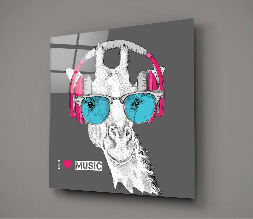 Giraffe With Headphones Music Glass Wall Art