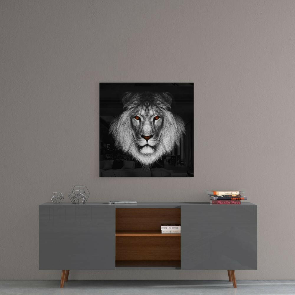 Amber Eyed Black White Lion Glass Wall Art