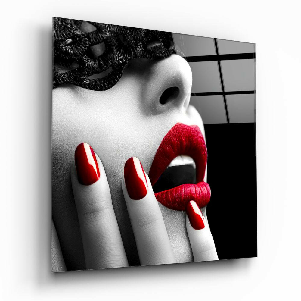 Lace Mask Red Nails Lips Glass Wall Art