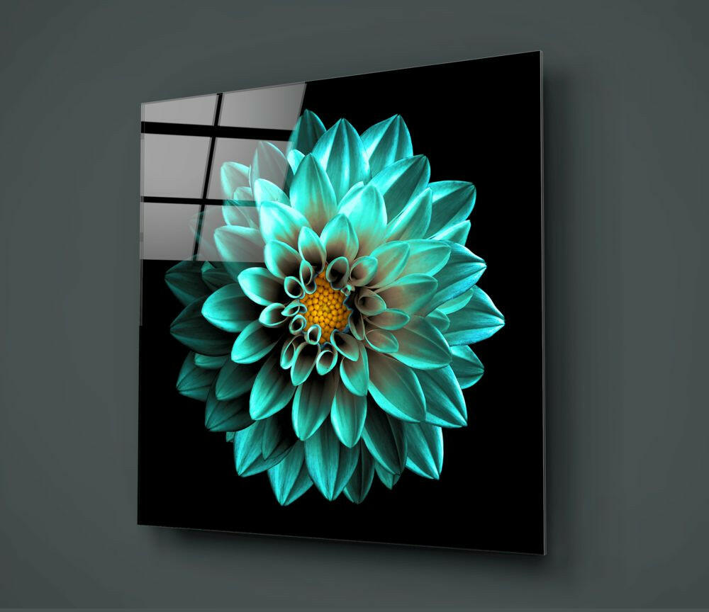 Aqua Dahlia With Gold Center Glass Wall Art