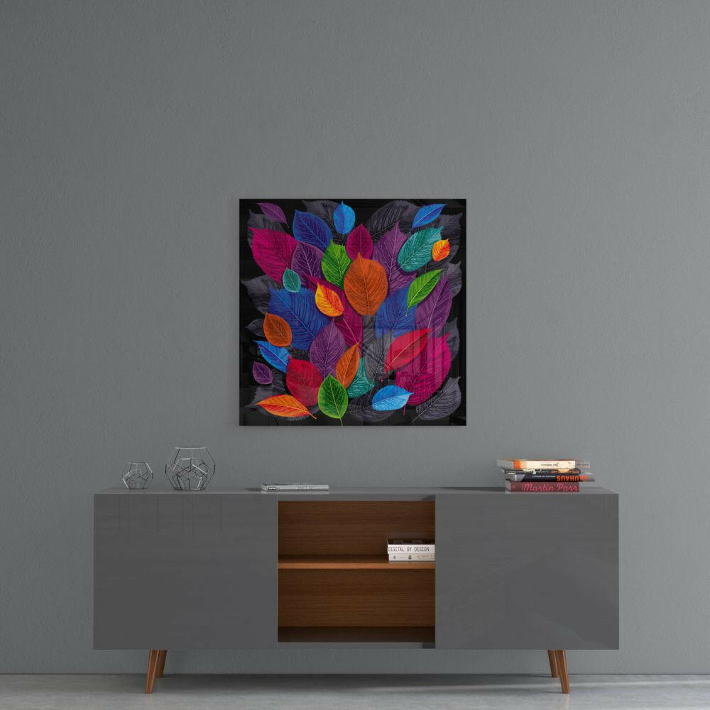 Jewel Tone Leaf Collage On Black Glass Wall Art