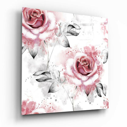 Watercolor Pink Roses Gray Leaves Glass Wall Art