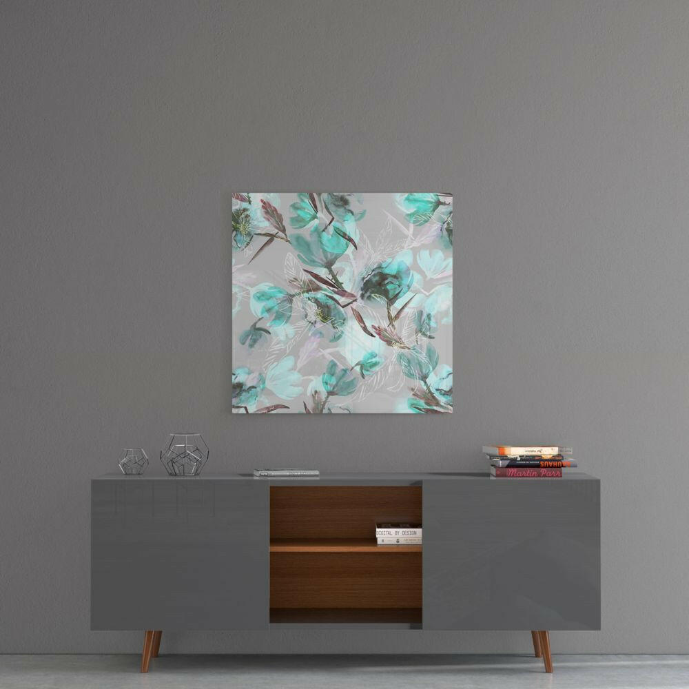 Teal Watercolor Magnolia Pattern Glass Wall Art
