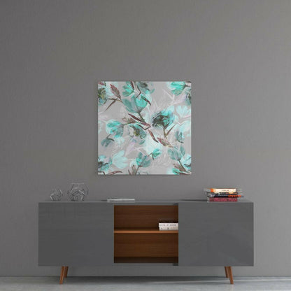 Teal Watercolor Magnolia Pattern Glass Wall Art